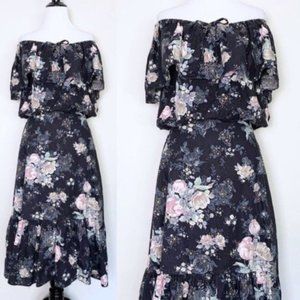 Vintage 70s 80s Handmade Floral Off Shoulder Peasant Top & Midi Skirt Set Small